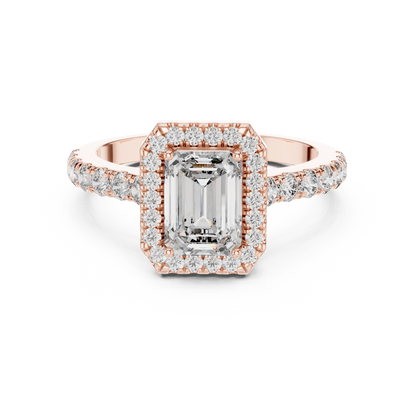Emerald Cut Lab Grown Diamond Engagement Ring | U-Cut Pavé Halo Style | 10K, 14K, and 18K Gold