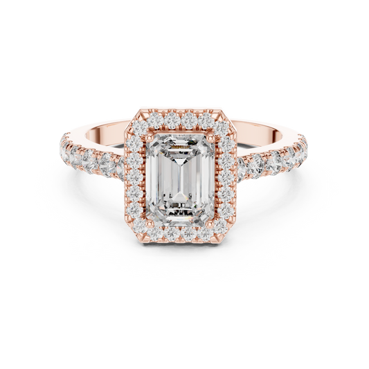 Emerald Cut Lab Grown Diamond Engagement Ring | U-Cut Pavé Halo Style | 10K, 14K, and 18K Gold