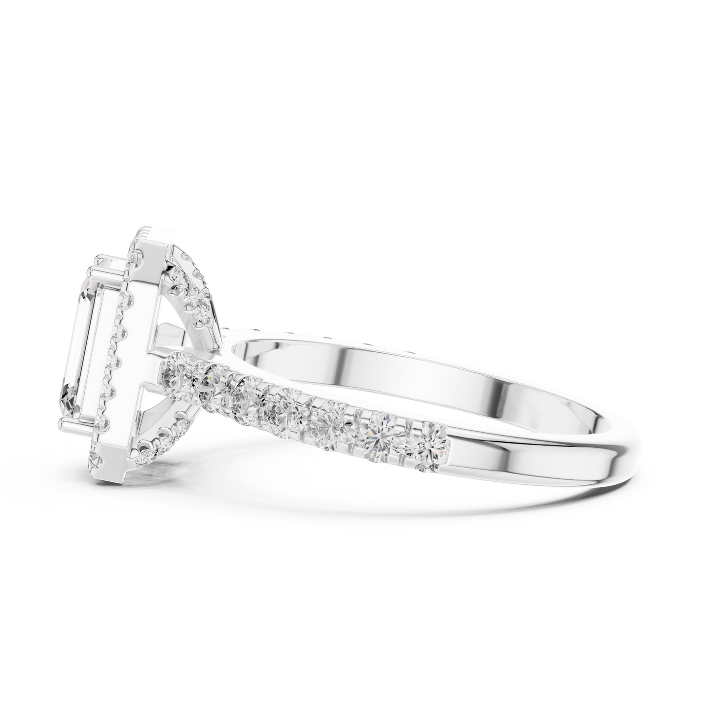 Emerald Cut Lab Grown Diamond Engagement Ring | U-Cut Pavé Halo Style | 10K, 14K, and 18K Gold