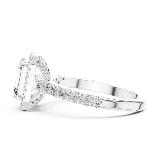 Emerald Cut Lab Grown Diamond Engagement Ring | U-Cut Pavé Halo Style | 10K, 14K, and 18K Gold