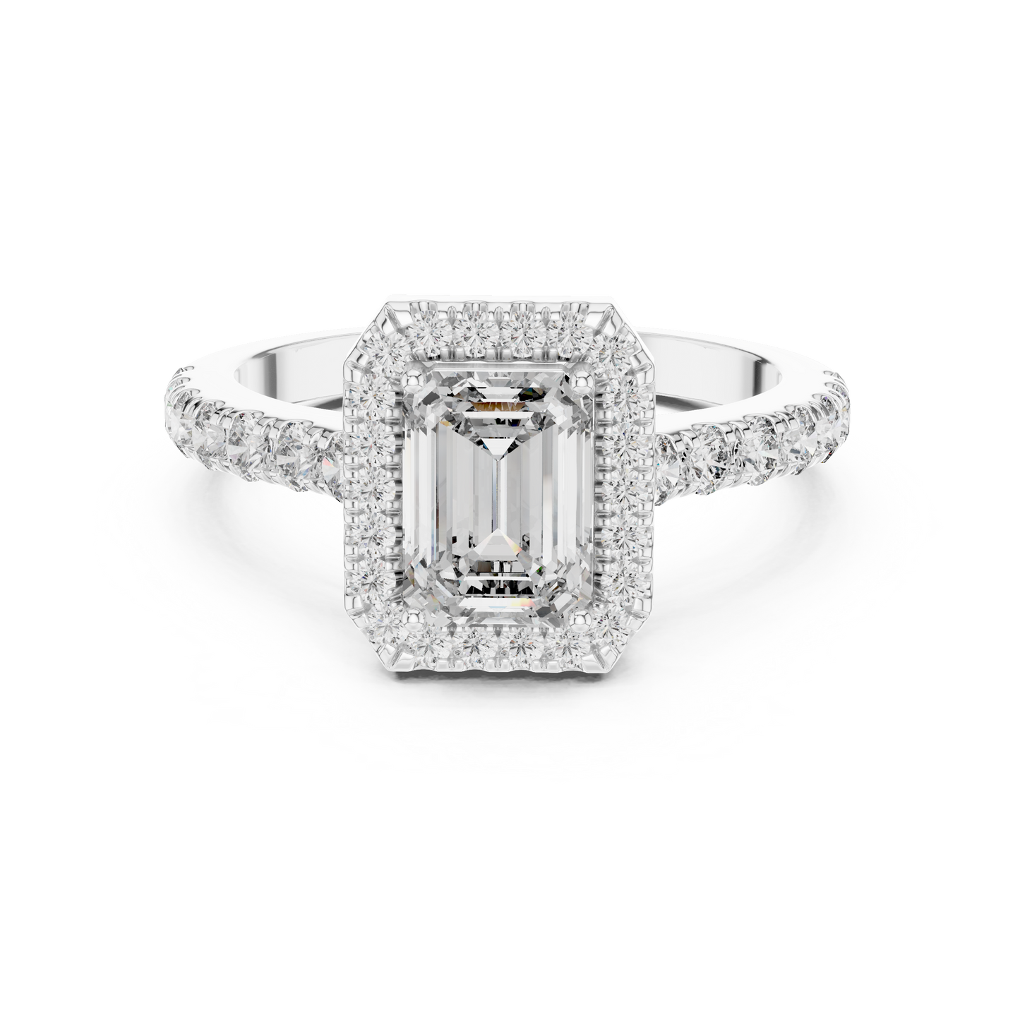 Emerald Cut Lab Grown Diamond Engagement Ring | U-Cut Pavé Halo Style | 10K, 14K, and 18K Gold