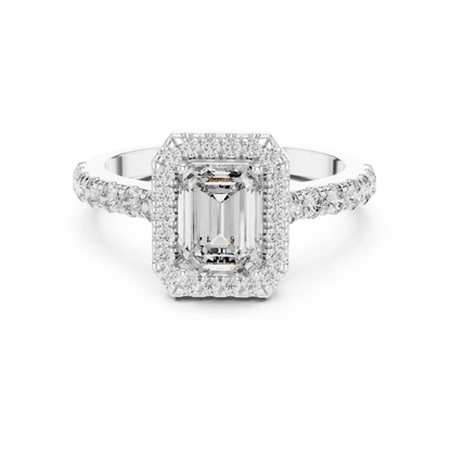 Emerald Cut Lab Grown Diamond Engagement Ring | U-Cut Pavé Halo Style | 10K, 14K, and 18K Gold