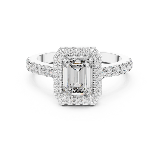 Emerald Cut Lab Grown Diamond Engagement Ring | U-Cut Pavé Halo Style | 10K, 14K, and 18K Gold