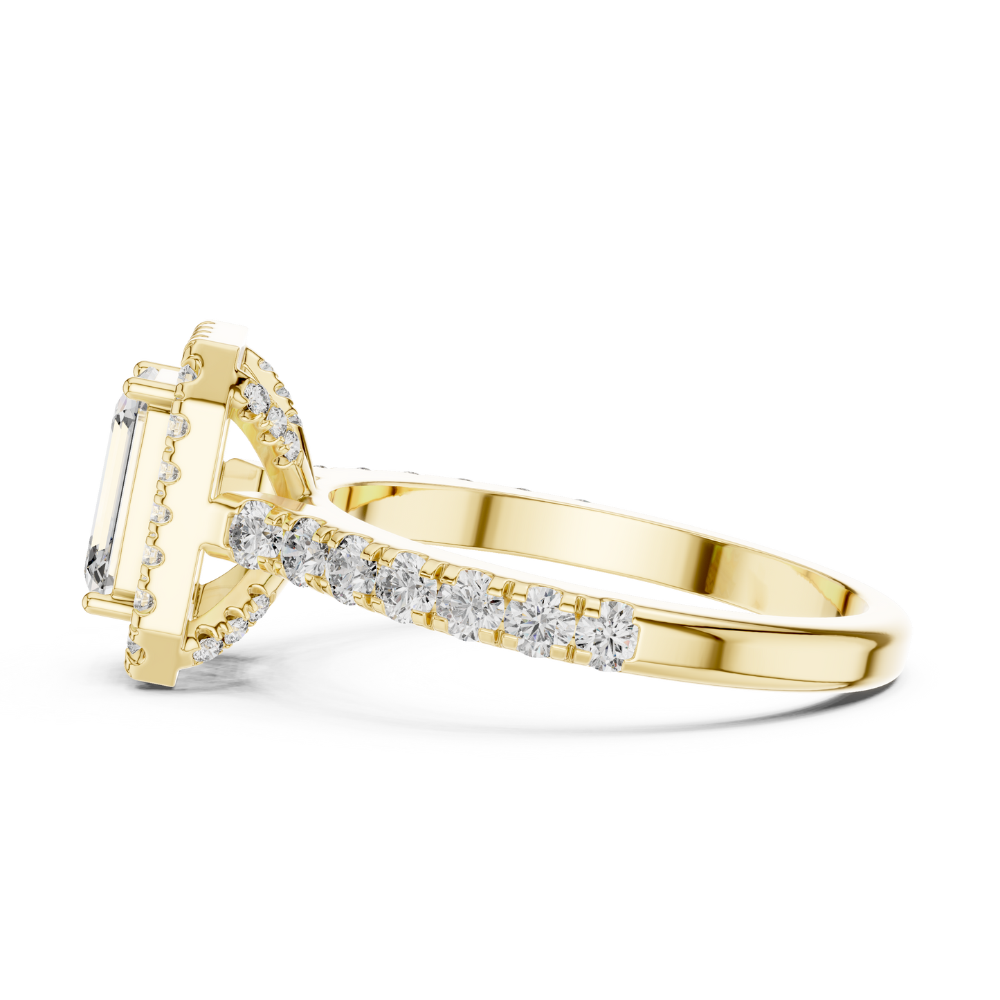 Emerald Cut Lab Grown Diamond Engagement Ring | U-Cut Pavé Halo Style | 10K, 14K, and 18K Gold