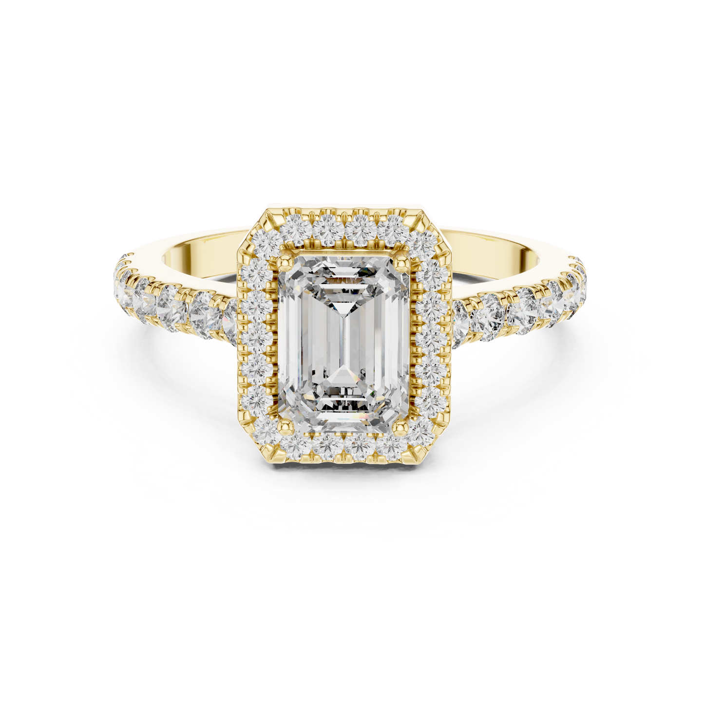 Emerald Cut Lab Grown Diamond Engagement Ring | U-Cut Pavé Halo Style | 10K, 14K, and 18K Gold