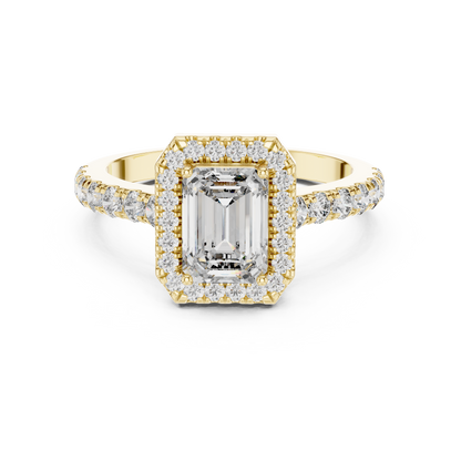 Emerald Cut Lab Grown Diamond Engagement Ring | U-Cut Pavé Halo Style | 10K, 14K, and 18K Gold