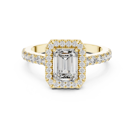 Emerald Cut Lab Grown Diamond Engagement Ring | U-Cut Pavé Halo Style | 10K, 14K, and 18K Gold