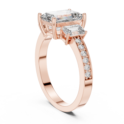 Emerald Cut Lab Grown Diamond Engagement Ring | Three-Stone Style with Pavé Band | 10K, 14K, and 18K Gold