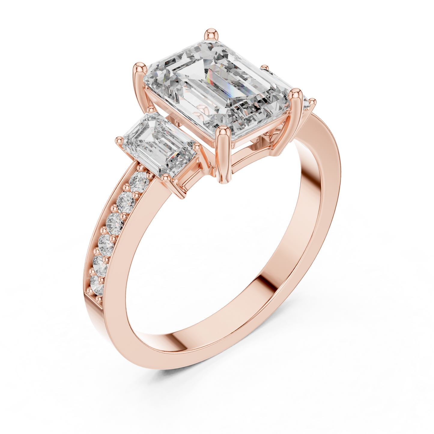 Emerald Cut Lab Grown Diamond Engagement Ring | Three-Stone Style with Pavé Band | 10K, 14K, and 18K Gold