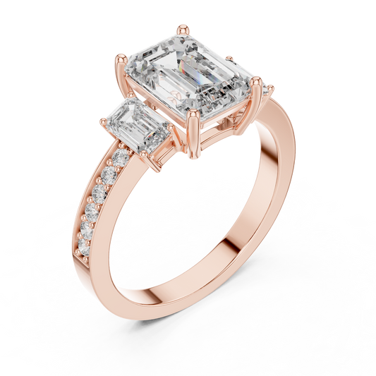 Emerald Cut Lab Grown Diamond Engagement Ring | Three-Stone Style with Pavé Band | 10K, 14K, and 18K Gold