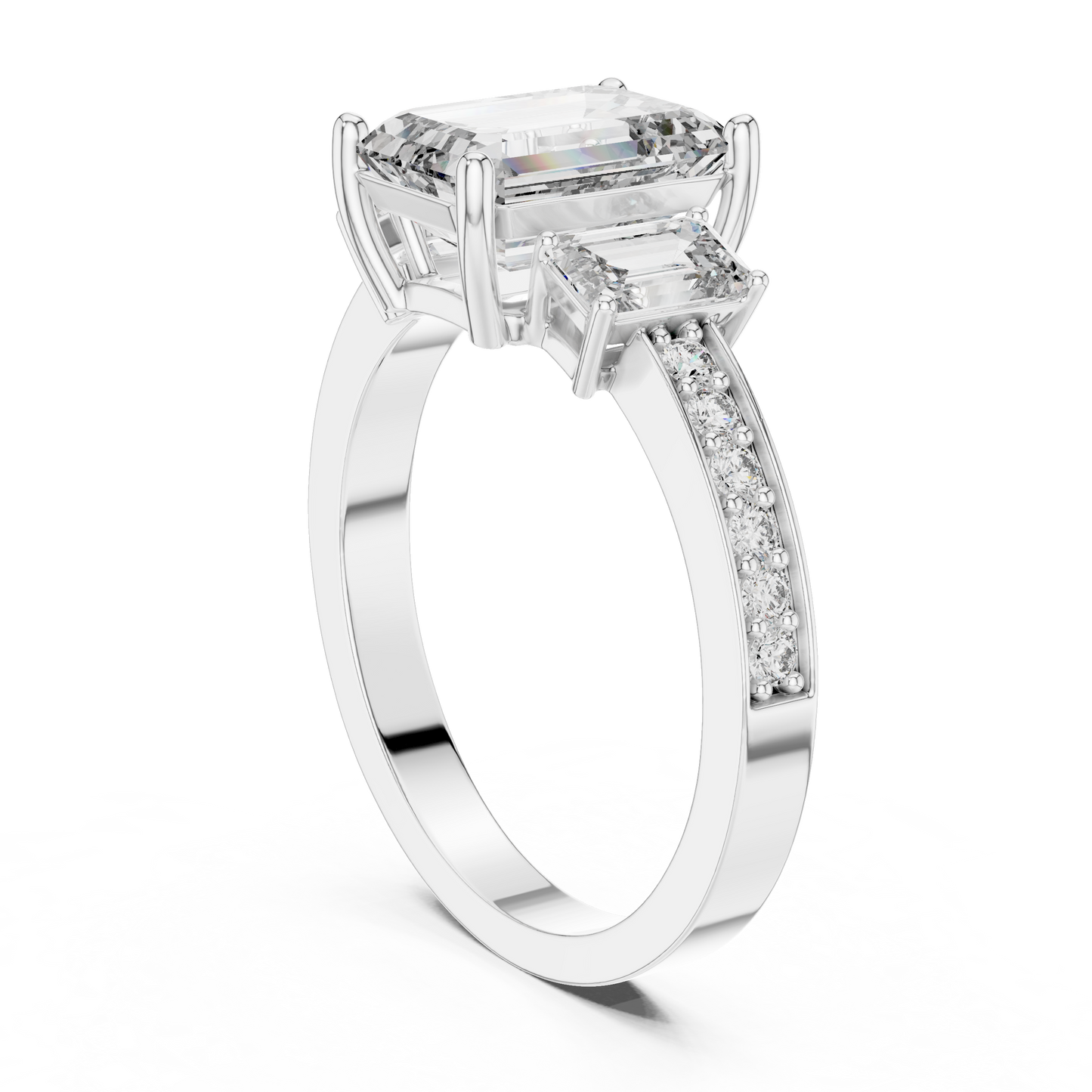 Emerald Cut Lab Grown Diamond Engagement Ring | Three-Stone Style with Pavé Band | 10K, 14K, and 18K Gold
