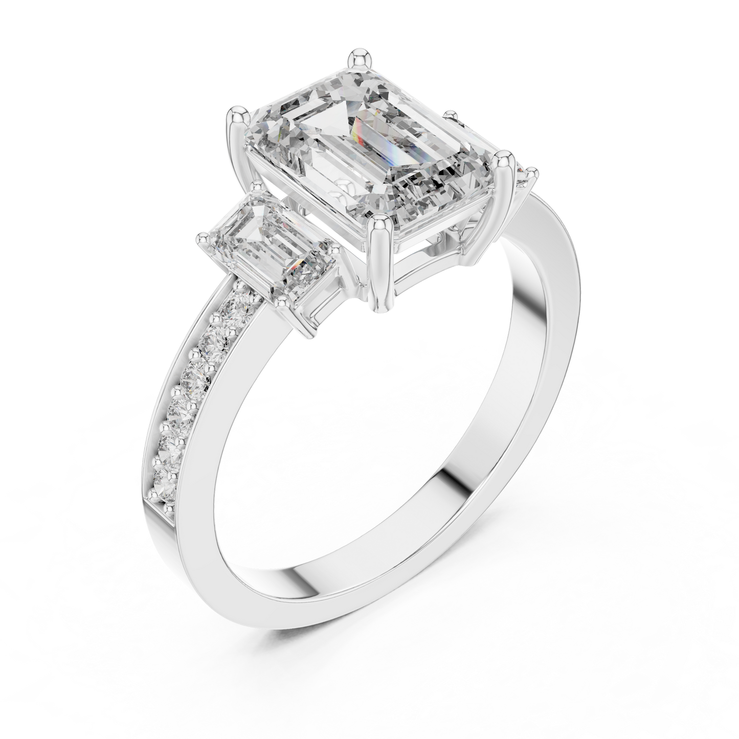 Emerald Cut Lab Grown Diamond Engagement Ring | Three-Stone Style with Pavé Band | 10K, 14K, and 18K Gold