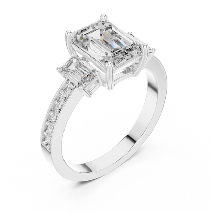 Emerald Cut Lab Grown Diamond Engagement Ring | Three-Stone Style with Pavé Band | 10K, 14K, and 18K Gold