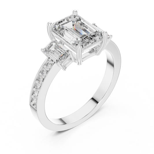 Emerald Cut Lab Grown Diamond Engagement Ring | Three-Stone Style with Pavé Band | 10K, 14K, and 18K Gold