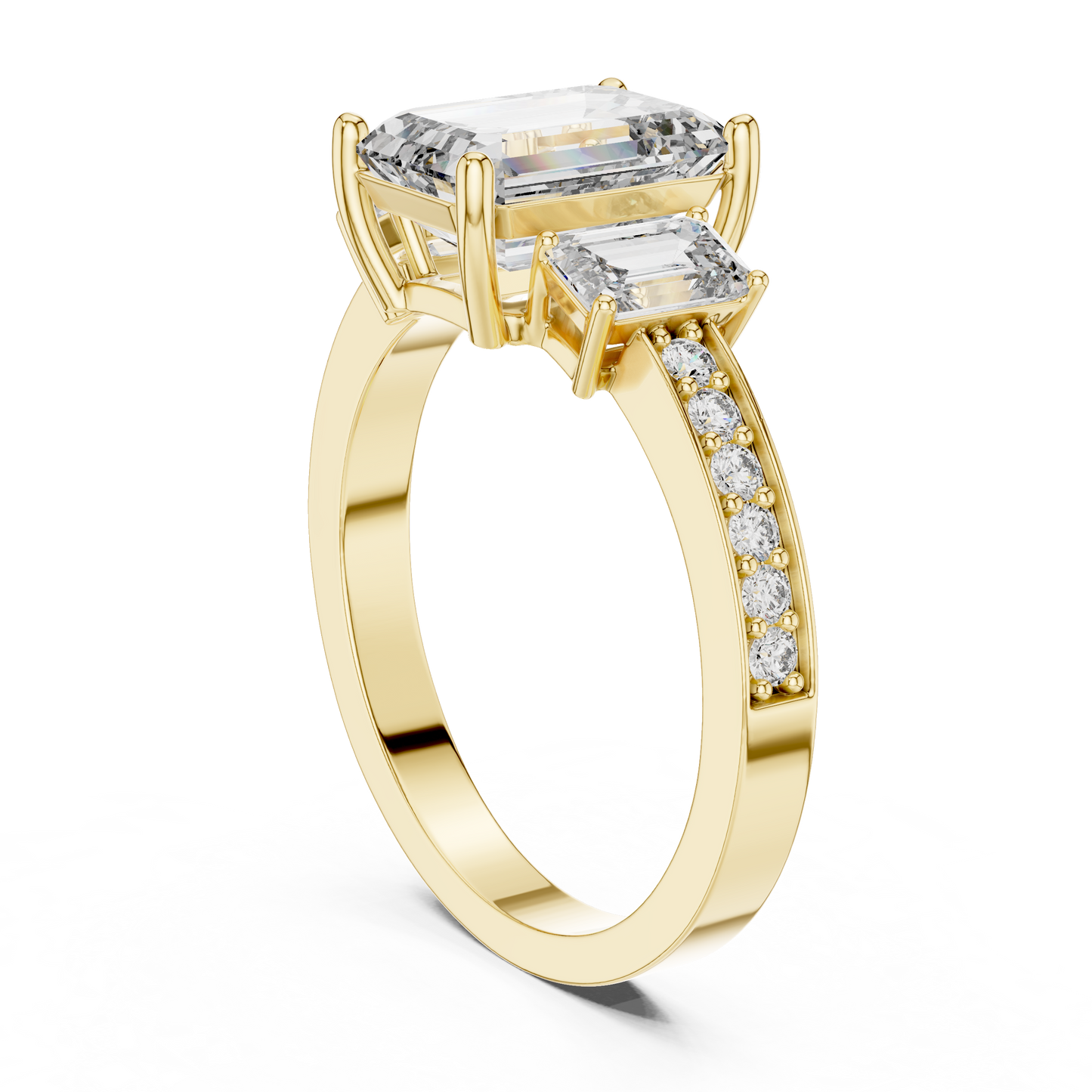 Emerald Cut Lab Grown Diamond Engagement Ring | Three-Stone Style with Pavé Band | 10K, 14K, and 18K Gold