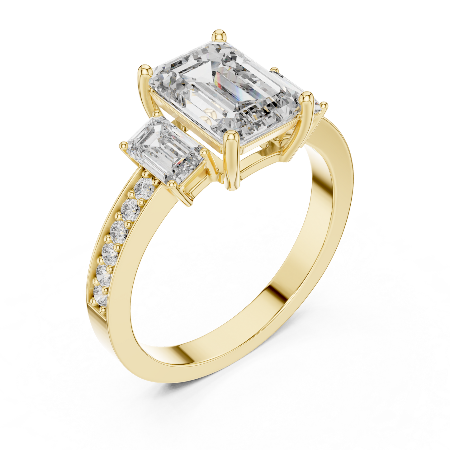Emerald Cut Lab Grown Diamond Engagement Ring | Three-Stone Style with Pavé Band | 10K, 14K, and 18K Gold