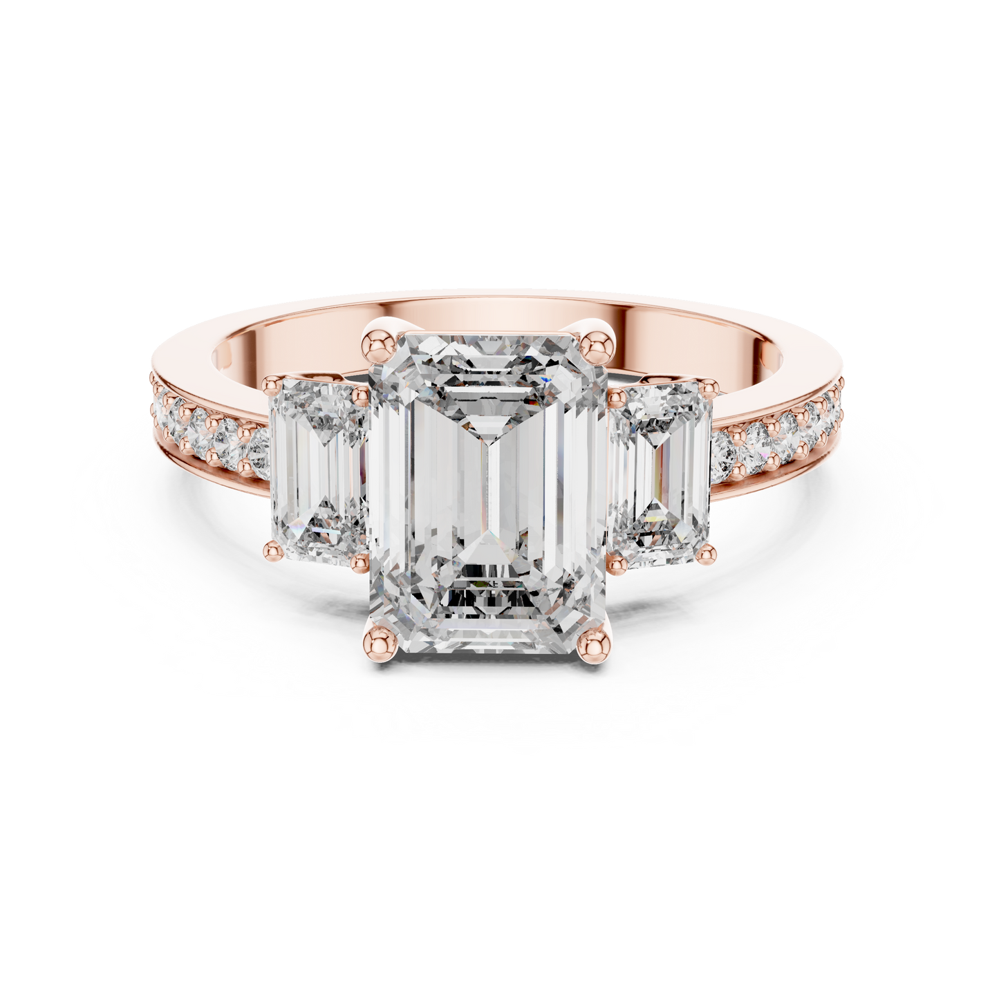 Emerald Cut Lab Grown Diamond Engagement Ring | Three-Stone Style with Pavé Band | 10K, 14K, and 18K Gold