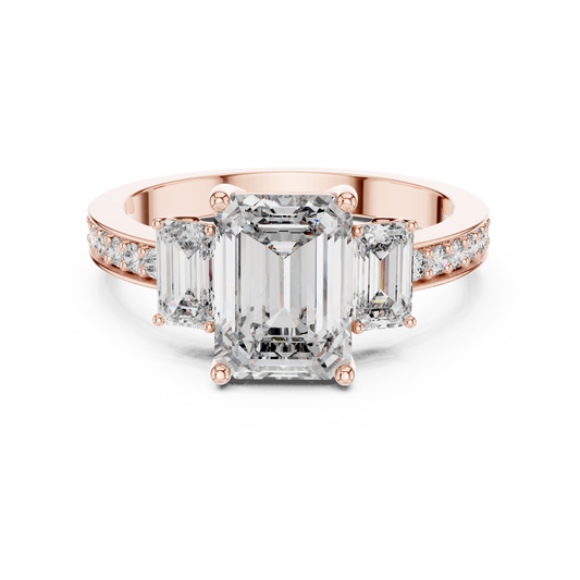 Emerald Cut Lab Grown Diamond Engagement Ring | Three-Stone Style with Pavé Band | 10K, 14K, and 18K Gold