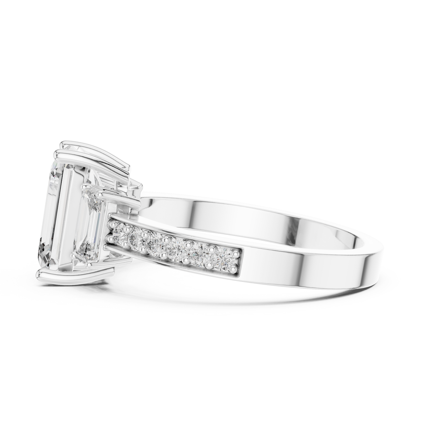 Emerald Cut Lab Grown Diamond Engagement Ring | Three-Stone Style with Pavé Band | 10K, 14K, and 18K Gold