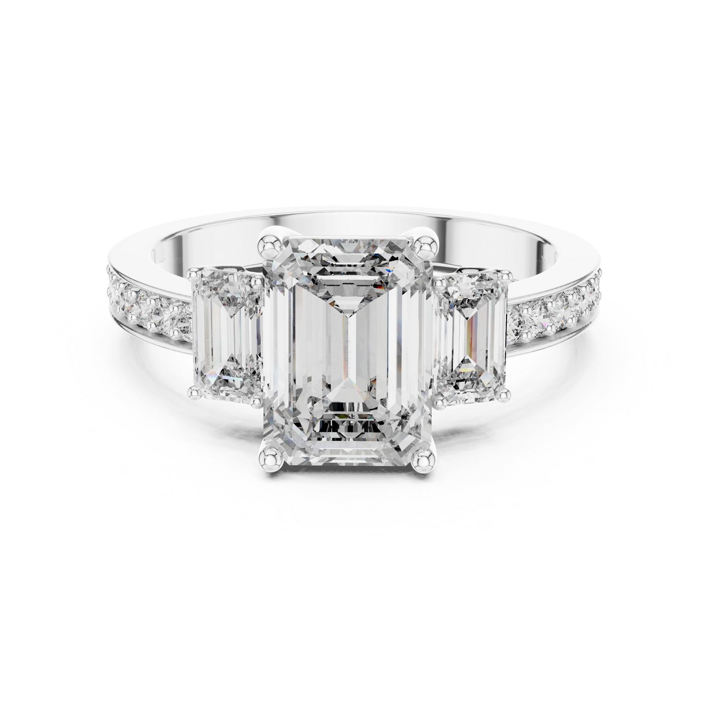 Emerald Cut Lab Grown Diamond Engagement Ring | Three-Stone Style with Pavé Band | 10K, 14K, and 18K Gold