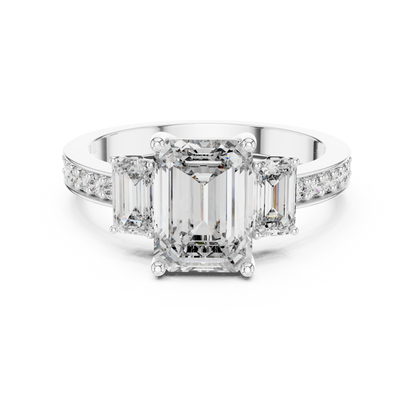 Emerald Cut Lab Grown Diamond Engagement Ring | Three-Stone Style with Pavé Band | 10K, 14K, and 18K Gold