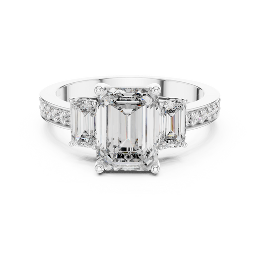 Emerald Cut Lab Grown Diamond Engagement Ring | Three-Stone Style with Pavé Band | 10K, 14K, and 18K Gold