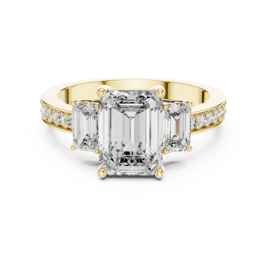 Emerald Cut Lab Grown Diamond Engagement Ring | Three-Stone Style with Pavé Band | 10K, 14K, and 18K Gold