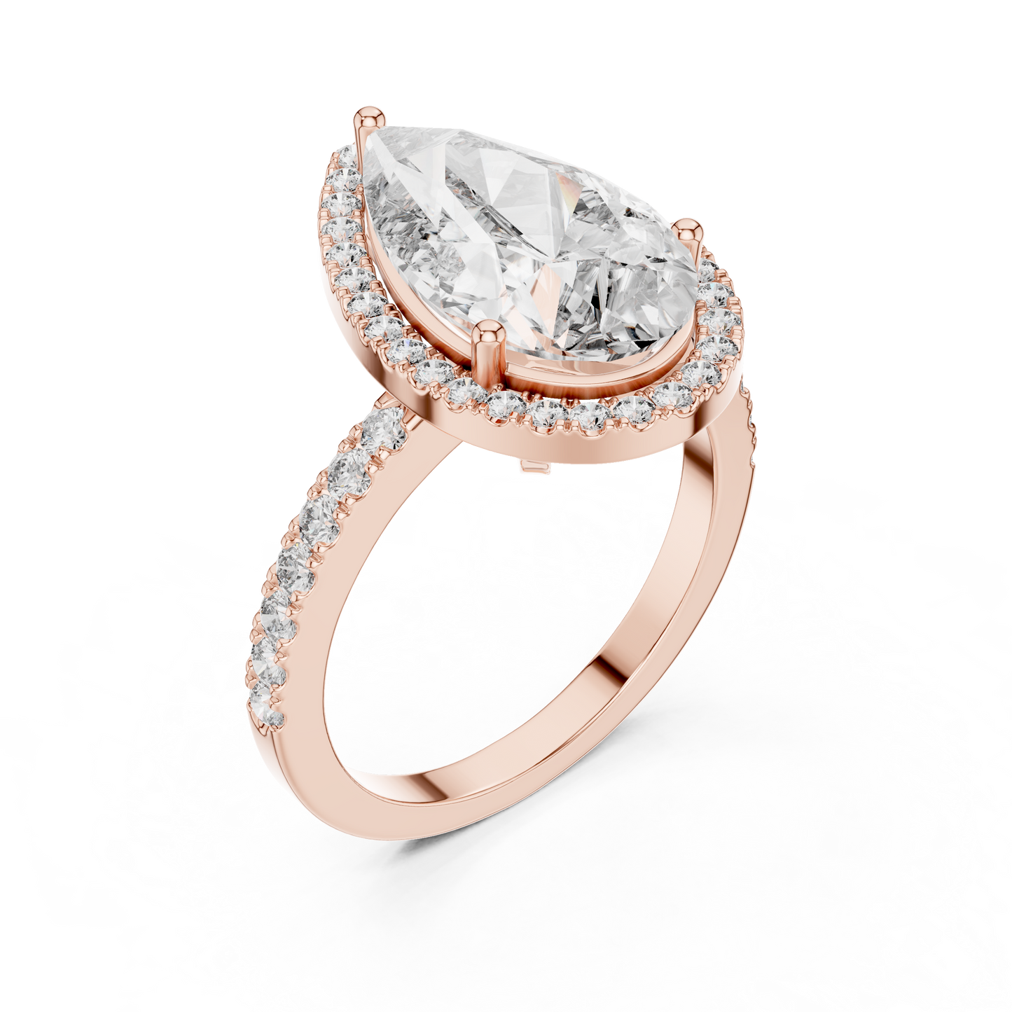 Pear Cut Lab Grown Diamond Engagement Ring | U-Cut Pavé Halo Style | 10K, 14K, and 18K Gold