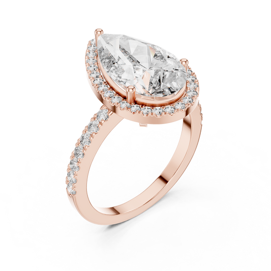 Pear Cut Lab Grown Diamond Engagement Ring | U-Cut Pavé Halo Style | 10K, 14K, and 18K Gold