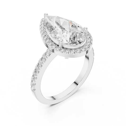 Pear Cut Lab Grown Diamond Engagement Ring | U-Cut Pavé Halo Style | 10K, 14K, and 18K Gold