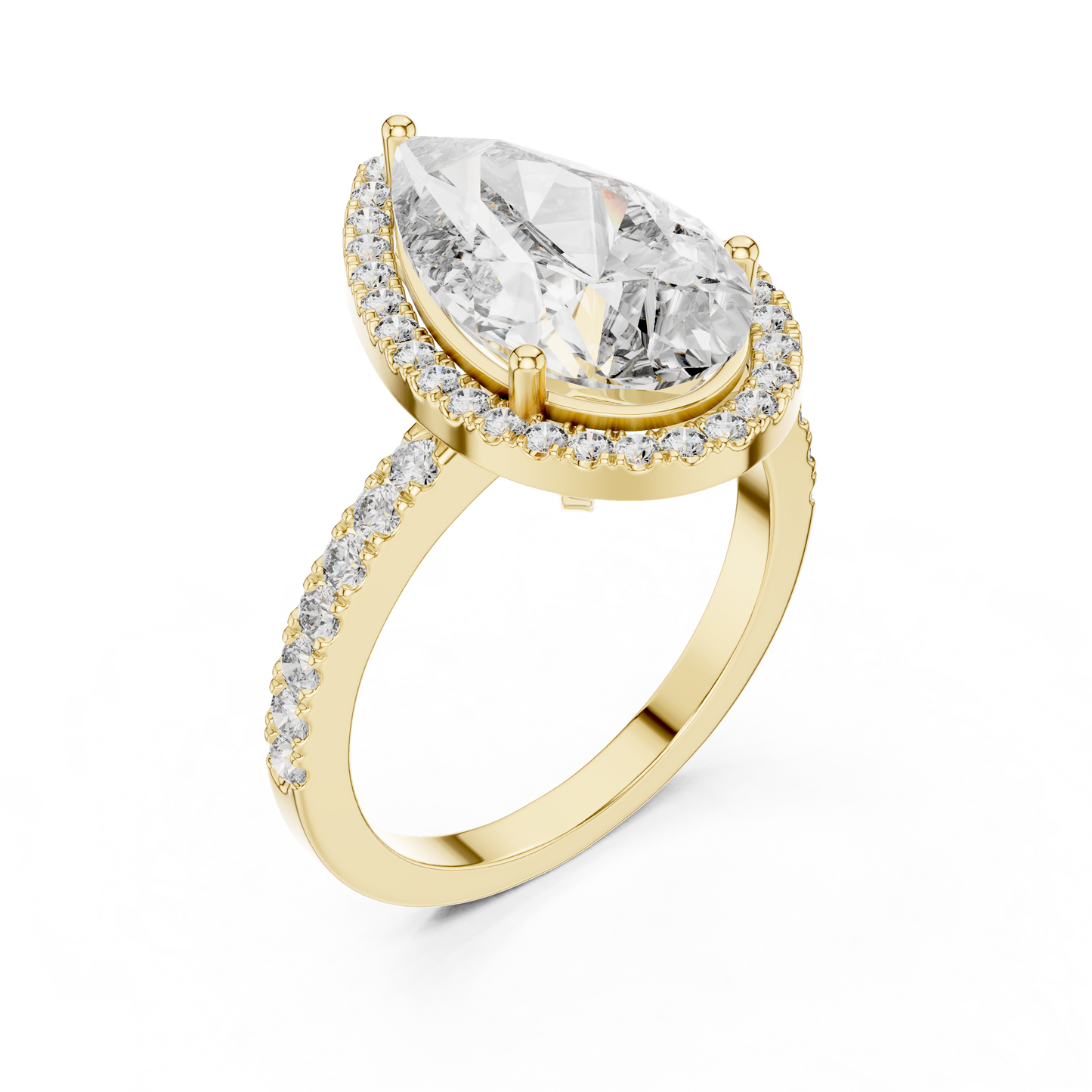 Pear Cut Lab Grown Diamond Engagement Ring | U-Cut Pavé Halo Style | 10K, 14K, and 18K Gold