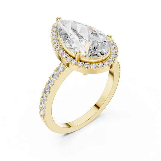 Pear Cut Lab Grown Diamond Engagement Ring | U-Cut Pavé Halo Style | 10K, 14K, and 18K Gold