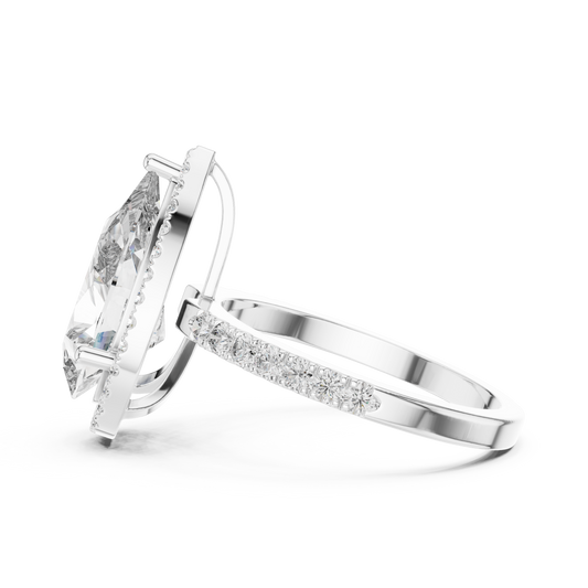 Pear Cut Lab Grown Diamond Engagement Ring | U-Cut Pavé Halo Style | 10K, 14K, and 18K Gold
