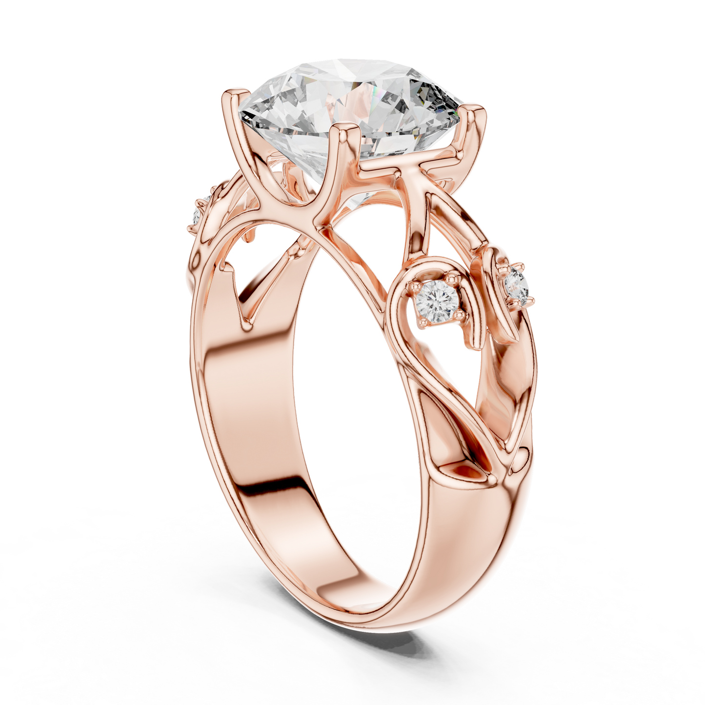 Round Lab Grown Diamond Engagement Ring | Nature Inspired Leaf Motif Style | 10K, 14K, and 18K Gold