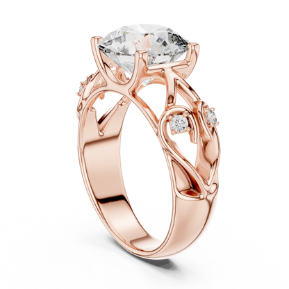 Round Lab Grown Diamond Engagement Ring | Nature Inspired Leaf Motif Style | 10K, 14K, and 18K Gold