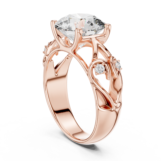 Round Lab Grown Diamond Engagement Ring | Nature Inspired Leaf Motif Style | 10K, 14K, and 18K Gold