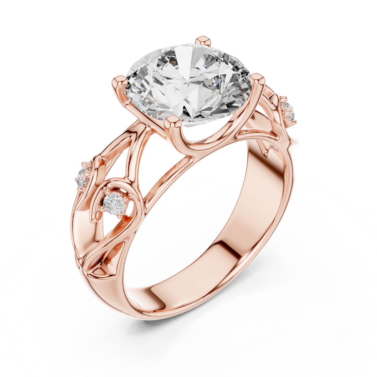 Round Lab Grown Diamond Engagement Ring | Nature Inspired Leaf Motif Style | 10K, 14K, and 18K Gold