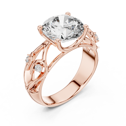 Round Lab Grown Diamond Engagement Ring | Nature Inspired Leaf Motif Style | 10K, 14K, and 18K Gold