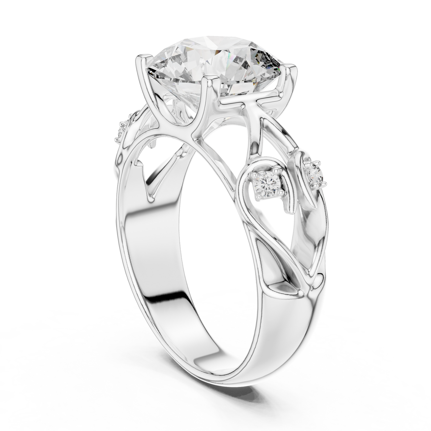 Round Lab Grown Diamond Engagement Ring | Nature Inspired Leaf Motif Style | 10K, 14K, and 18K Gold