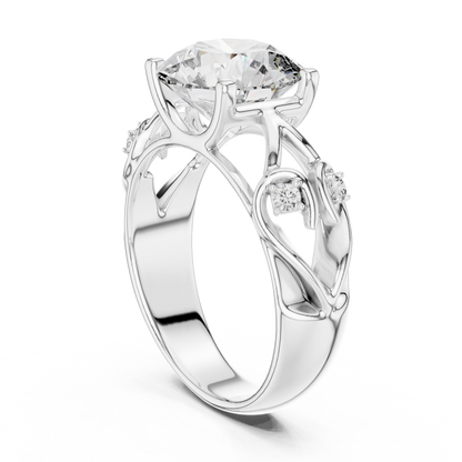 Round Lab Grown Diamond Engagement Ring | Nature Inspired Leaf Motif Style | 10K, 14K, and 18K Gold