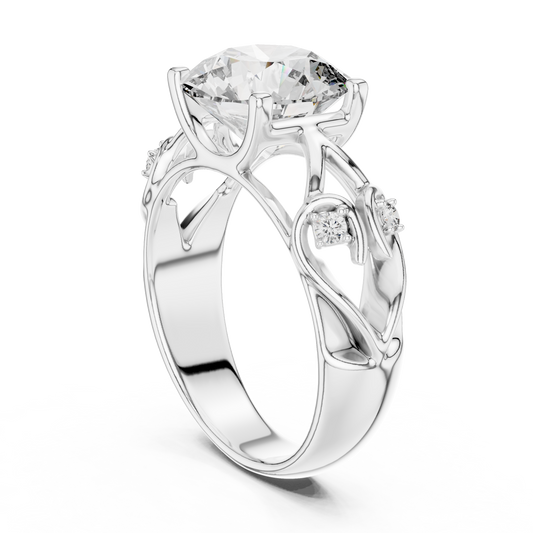 Round Lab Grown Diamond Engagement Ring | Nature Inspired Leaf Motif Style | 10K, 14K, and 18K Gold