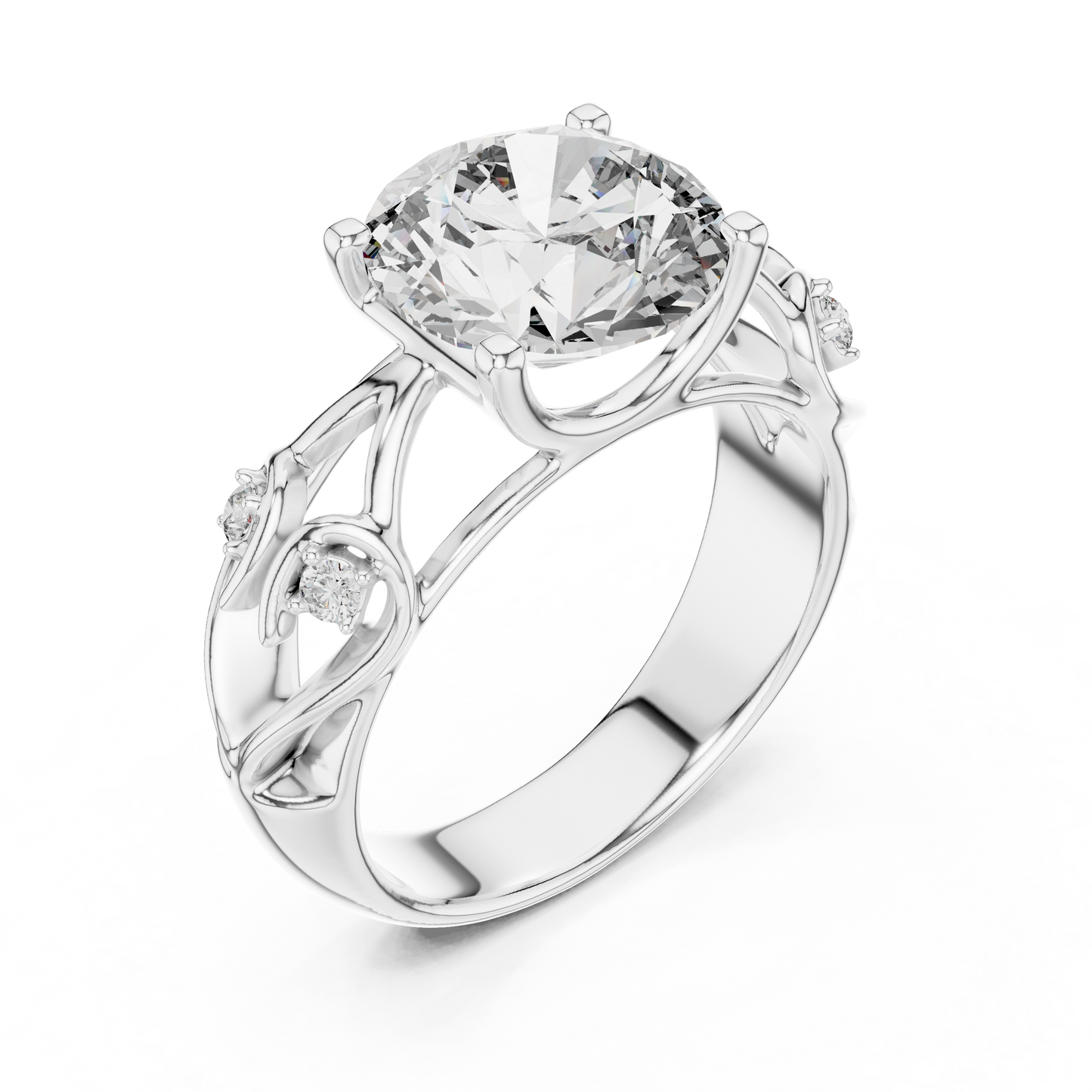 Round Lab Grown Diamond Engagement Ring | Nature Inspired Leaf Motif Style | 10K, 14K, and 18K Gold