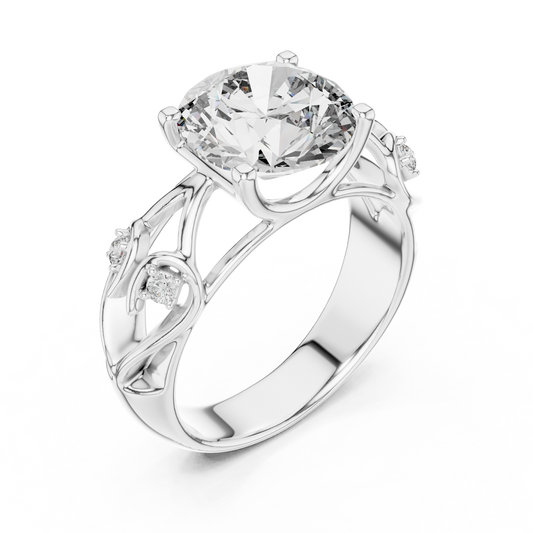 Round Lab Grown Diamond Engagement Ring | Nature Inspired Leaf Motif Style | 10K, 14K, and 18K Gold