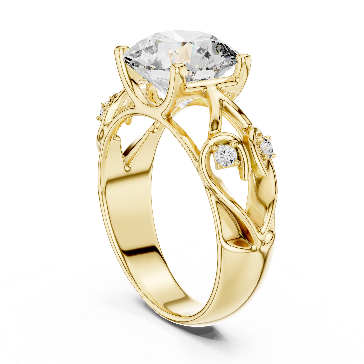 Round Lab Grown Diamond Engagement Ring | Nature Inspired Leaf Motif Style | 10K, 14K, and 18K Gold