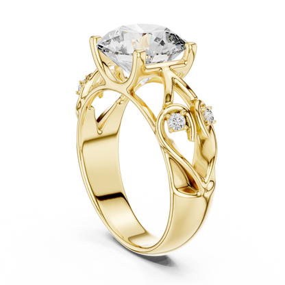 Round Lab Grown Diamond Engagement Ring | Nature Inspired Leaf Motif Style | 10K, 14K, and 18K Gold