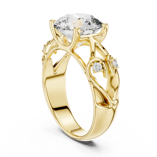 Round Lab Grown Diamond Engagement Ring | Nature Inspired Leaf Motif Style | 10K, 14K, and 18K Gold