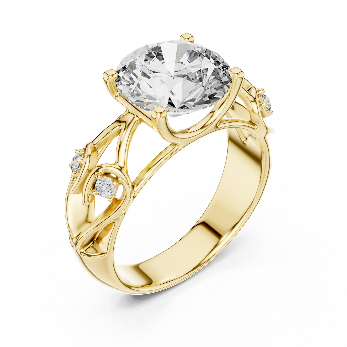 Round Lab Grown Diamond Engagement Ring | Nature Inspired Leaf Motif Style | 10K, 14K, and 18K Gold