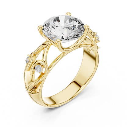 Round Lab Grown Diamond Engagement Ring | Nature Inspired Leaf Motif Style | 10K, 14K, and 18K Gold