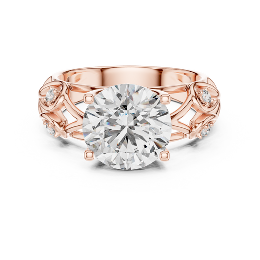 Round Lab Grown Diamond Engagement Ring | Nature Inspired Leaf Motif Style | 10K, 14K, and 18K Gold