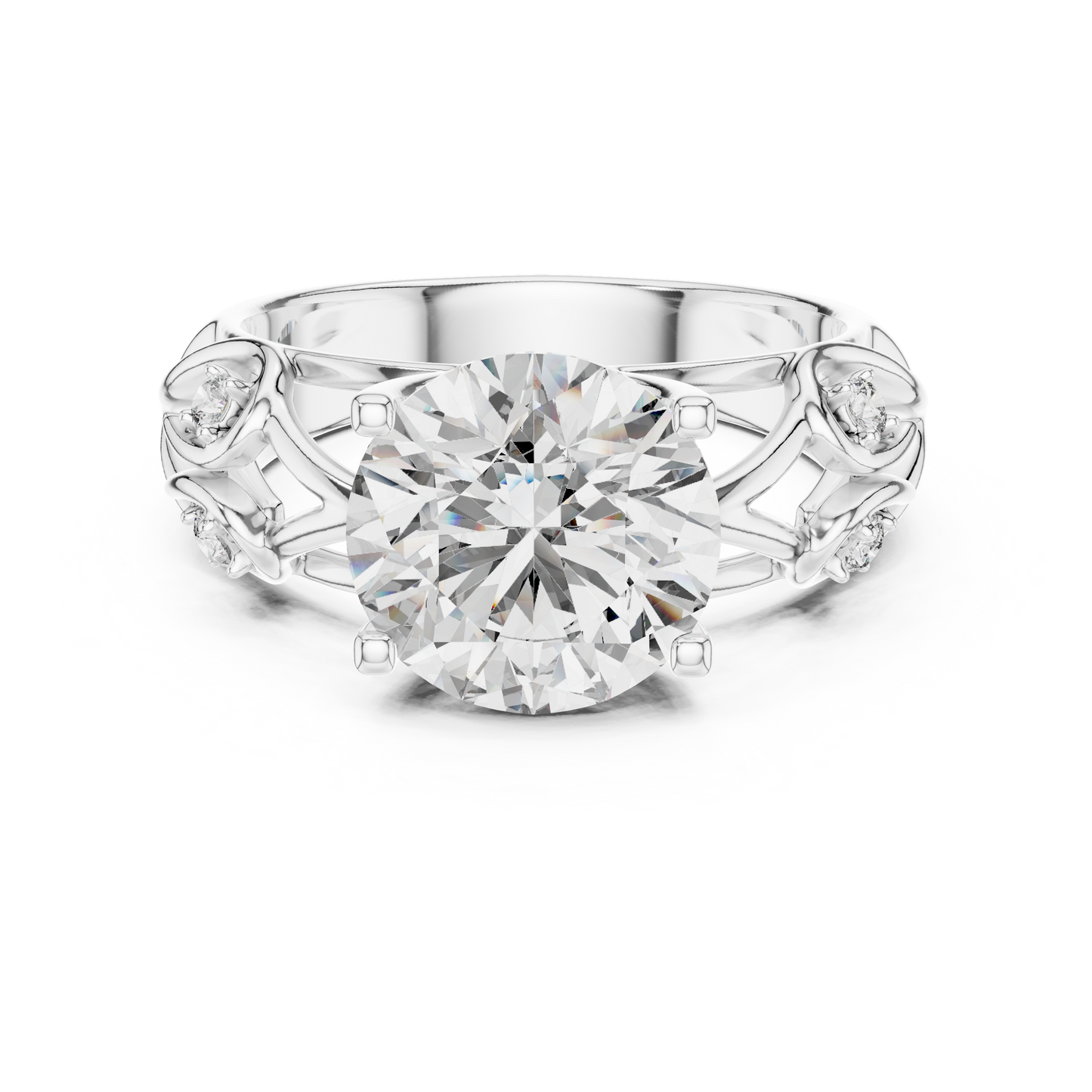 Round Lab Grown Diamond Engagement Ring | Nature Inspired Leaf Motif Style | 10K, 14K, and 18K Gold